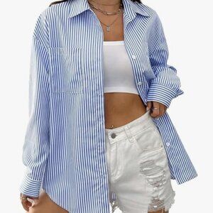 Women's Button Down Shirt Drop Shoulder Long Sleeve Blue & White Striped -L 48"